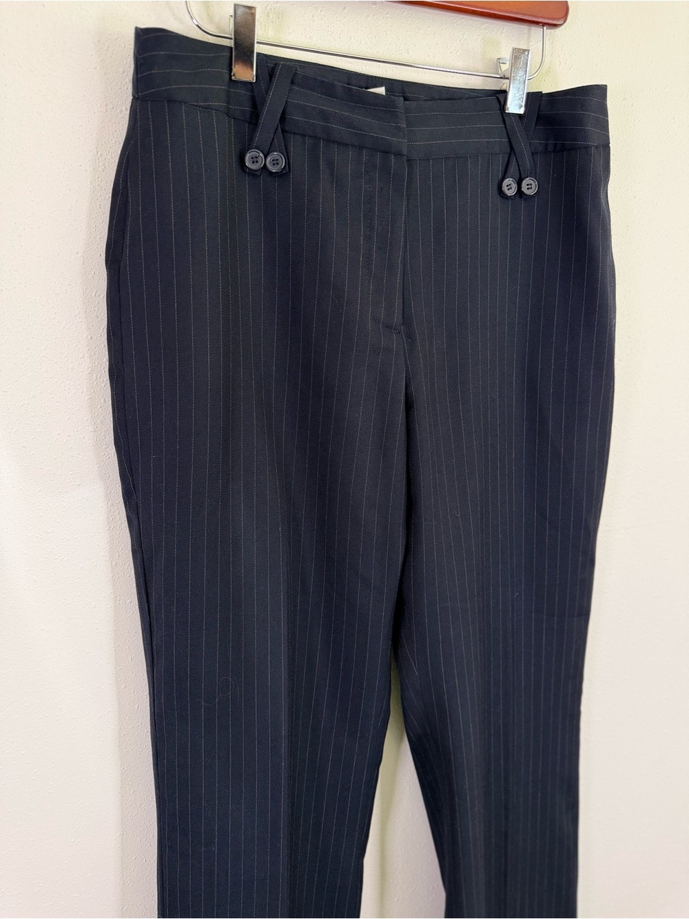 David N Navy Pinstripe Wool Blend Dress Pants Button Tab Waist Size 8